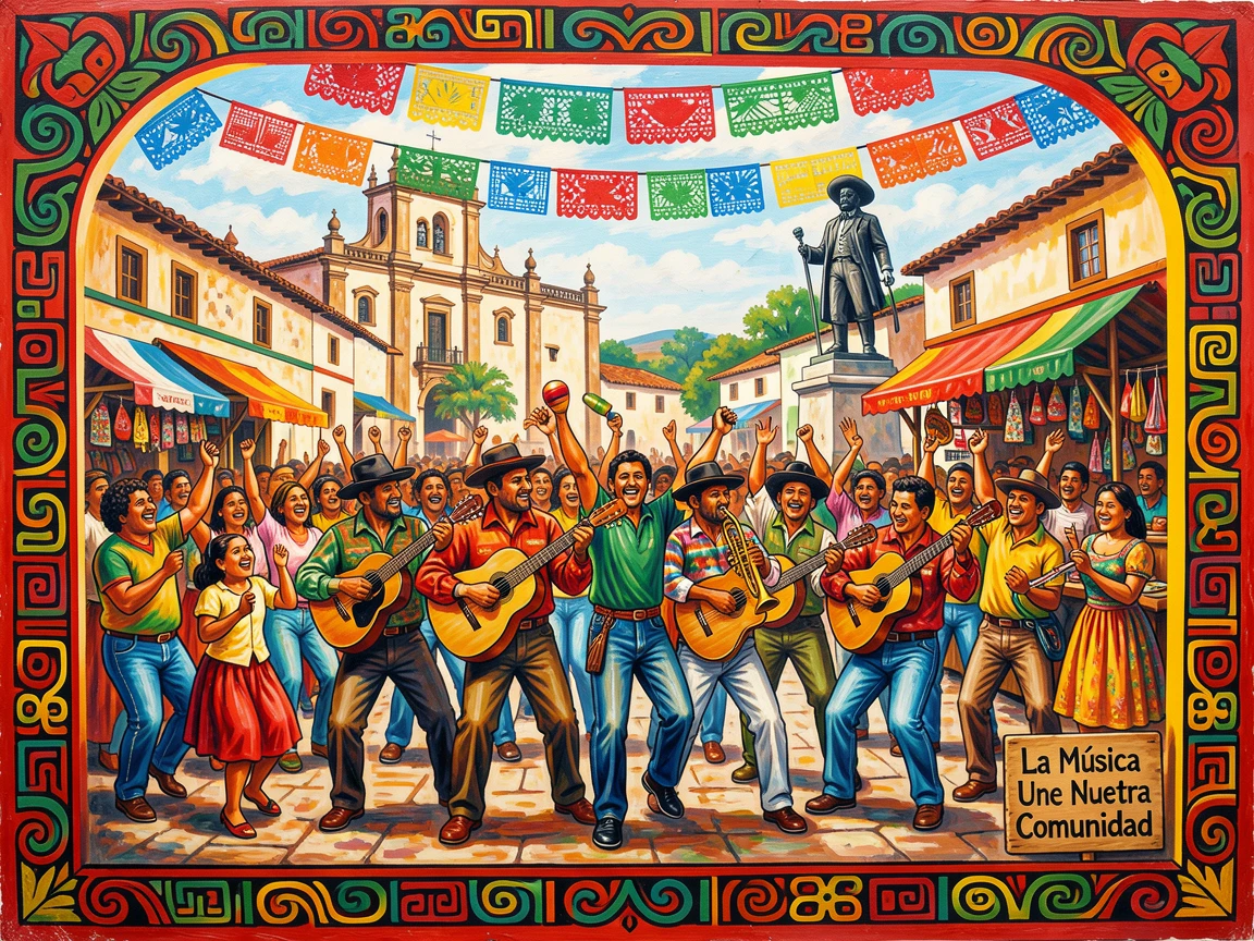 A group of musicians playing traditional instruments in a village square
