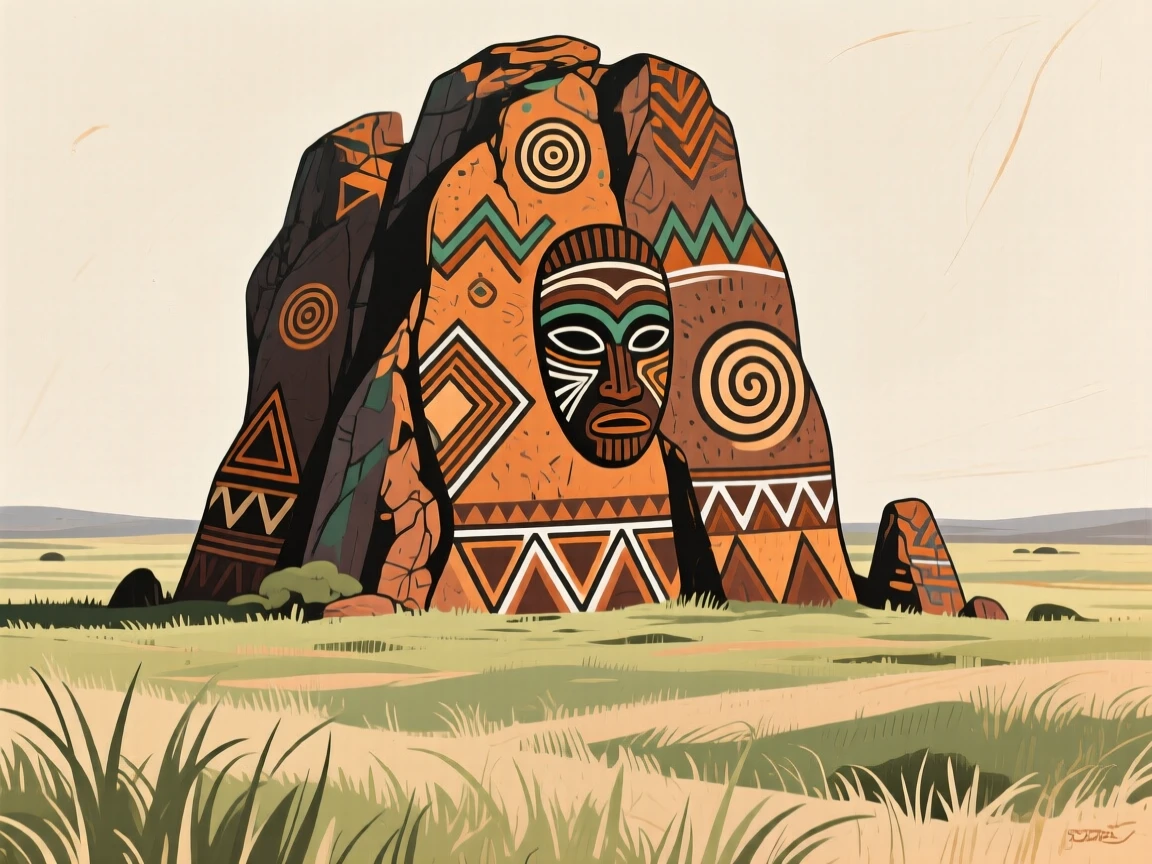 An ancient rock formation towering over the grassland.