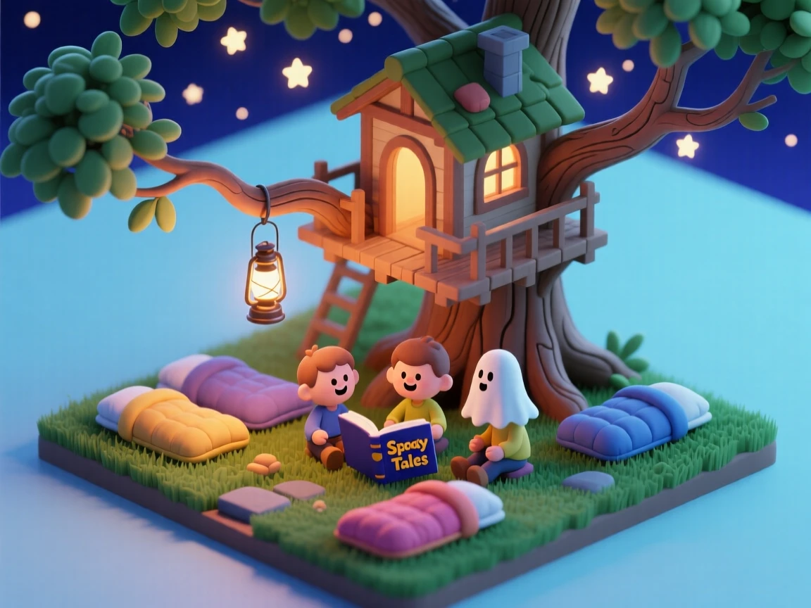 A backyard treehouse sleepover with sleeping bags laid out, a lantern glowing, ghost stories being told, and stars visible through the branches.