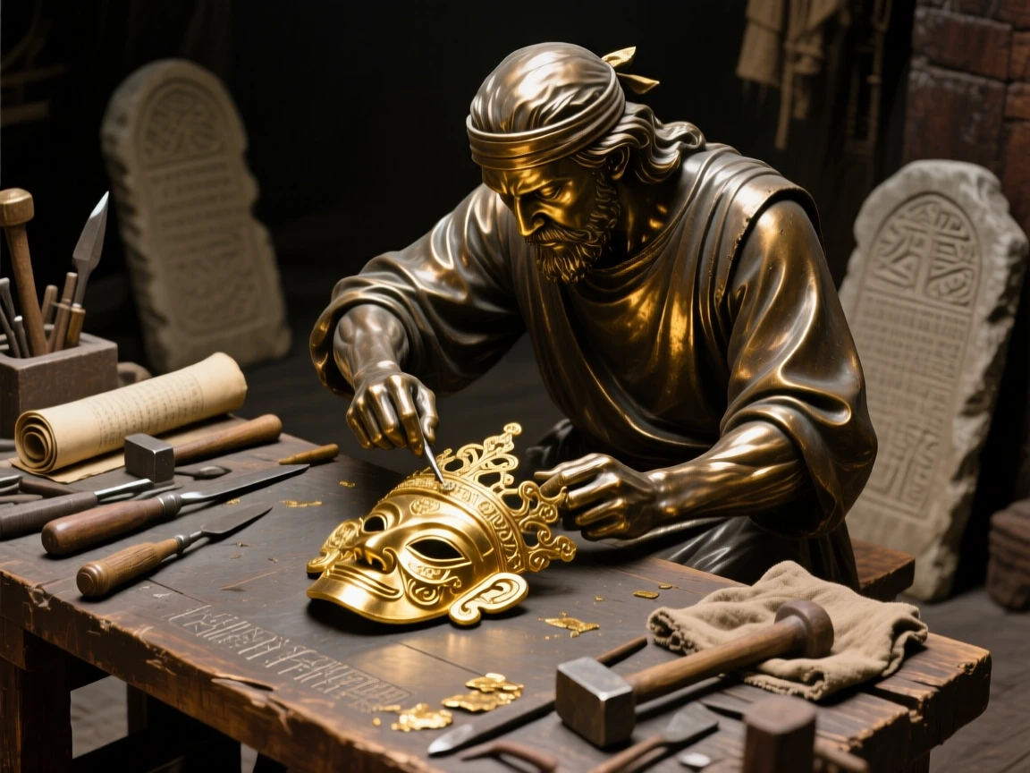 An ancient artisan completing a masterwork of gold, with a strong sense of narrative and history, evoking legend and timeless drama