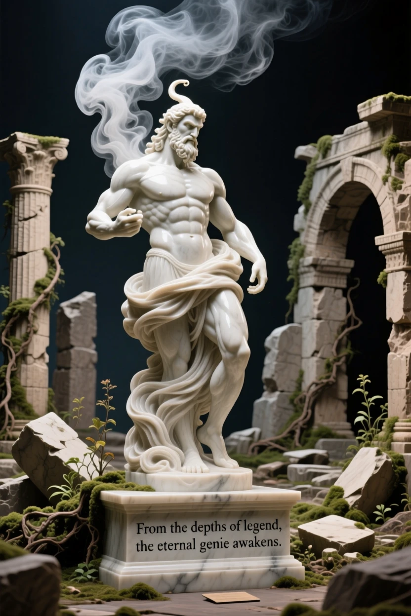 An epic scene of a genie emerging in a swirl of smoke, amid ancient ruins reclaimed by nature, evoking myth and grandeur