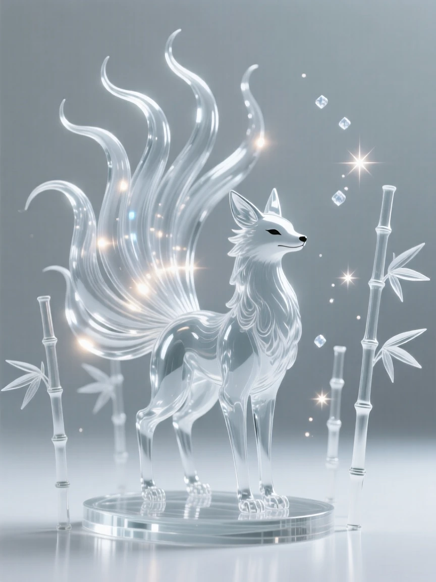 A kitsune with nine glowing tails in a bamboo forest, bathed in soft magical light with drifting sparkles in the air, epic and awe-inspiring composition, evoking wonder and adventure.