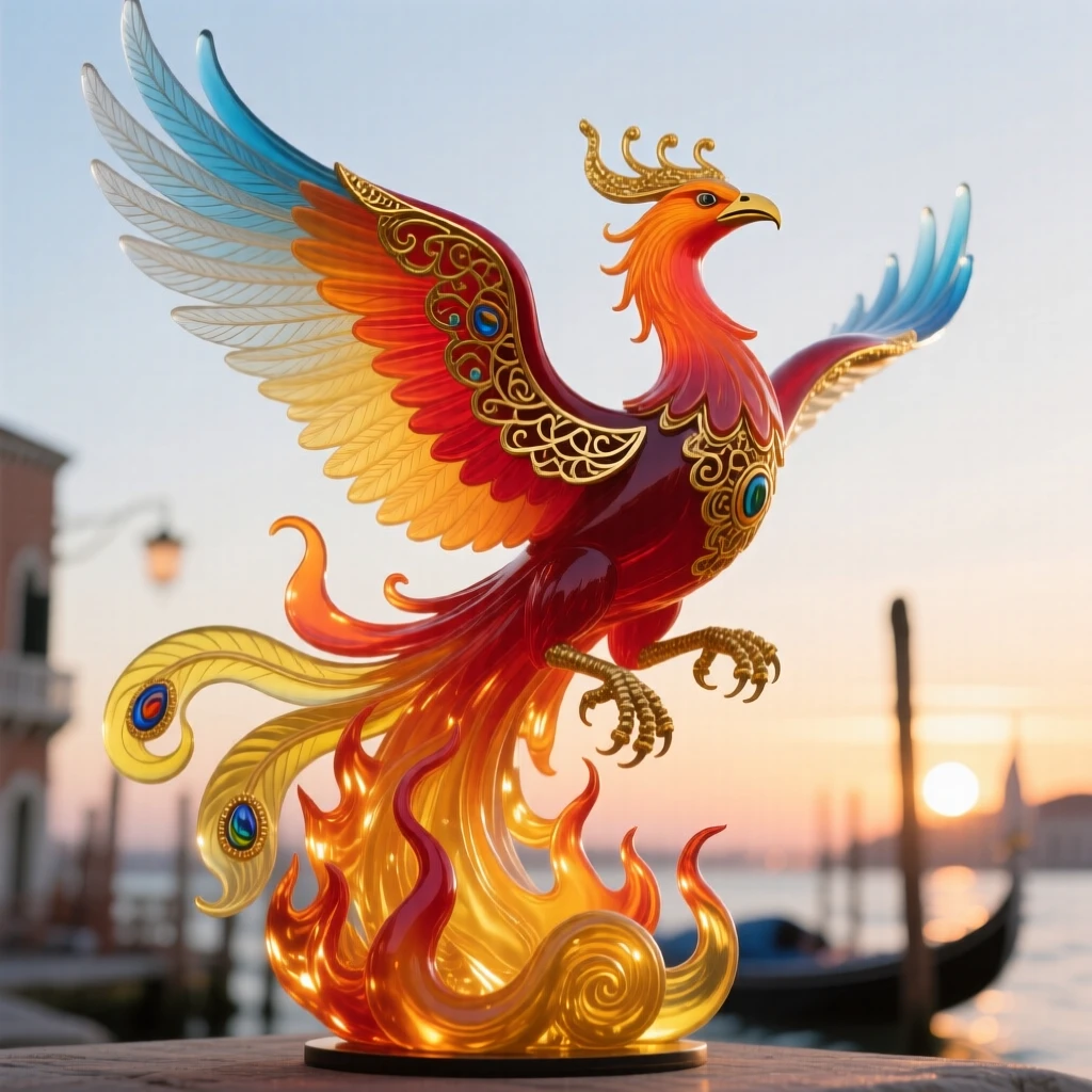 A phoenix rising in flight from a burst of flame at dawn, transformative and awe-inspiring.