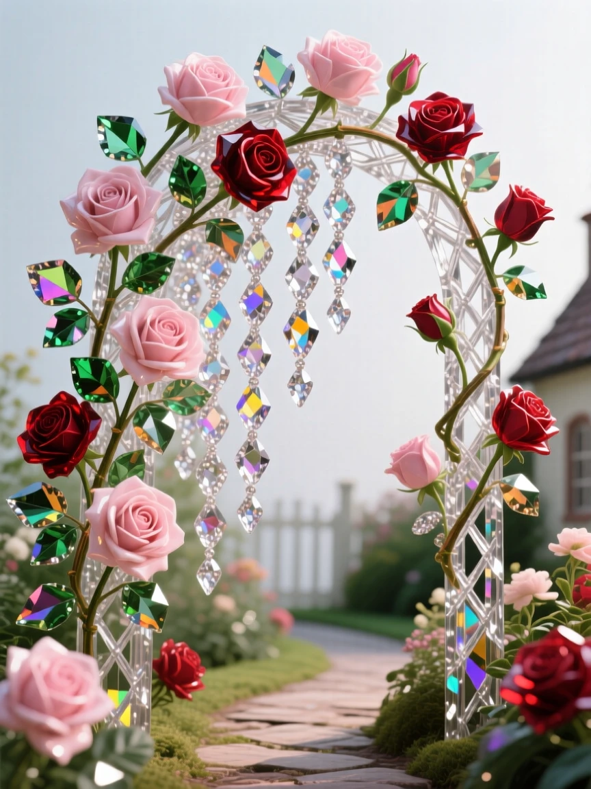 A cascading trellis of climbing roses in full bloom along a cottage garden path.