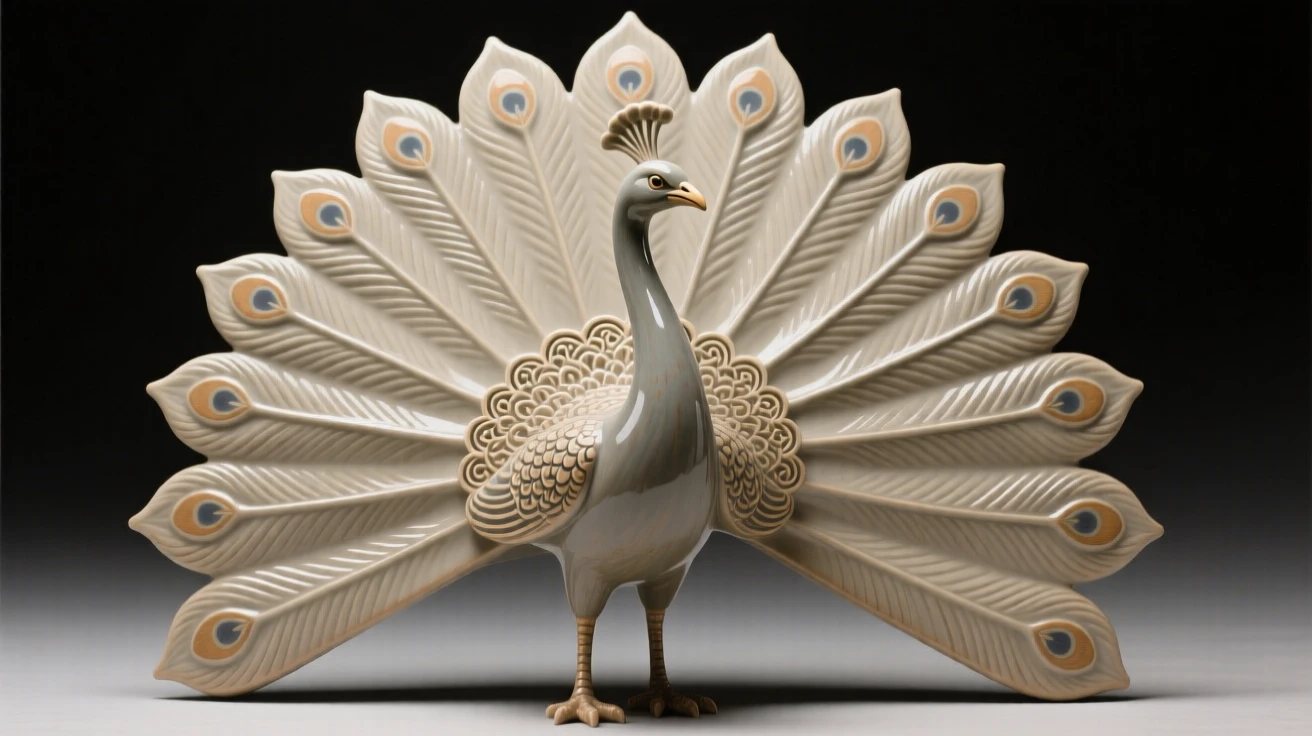 A stylized peacock with an elaborately fanned tail standing as an elegant focal point, accented with subtle, tasteful ornamentation, evoking refined elegance and quiet luxury.