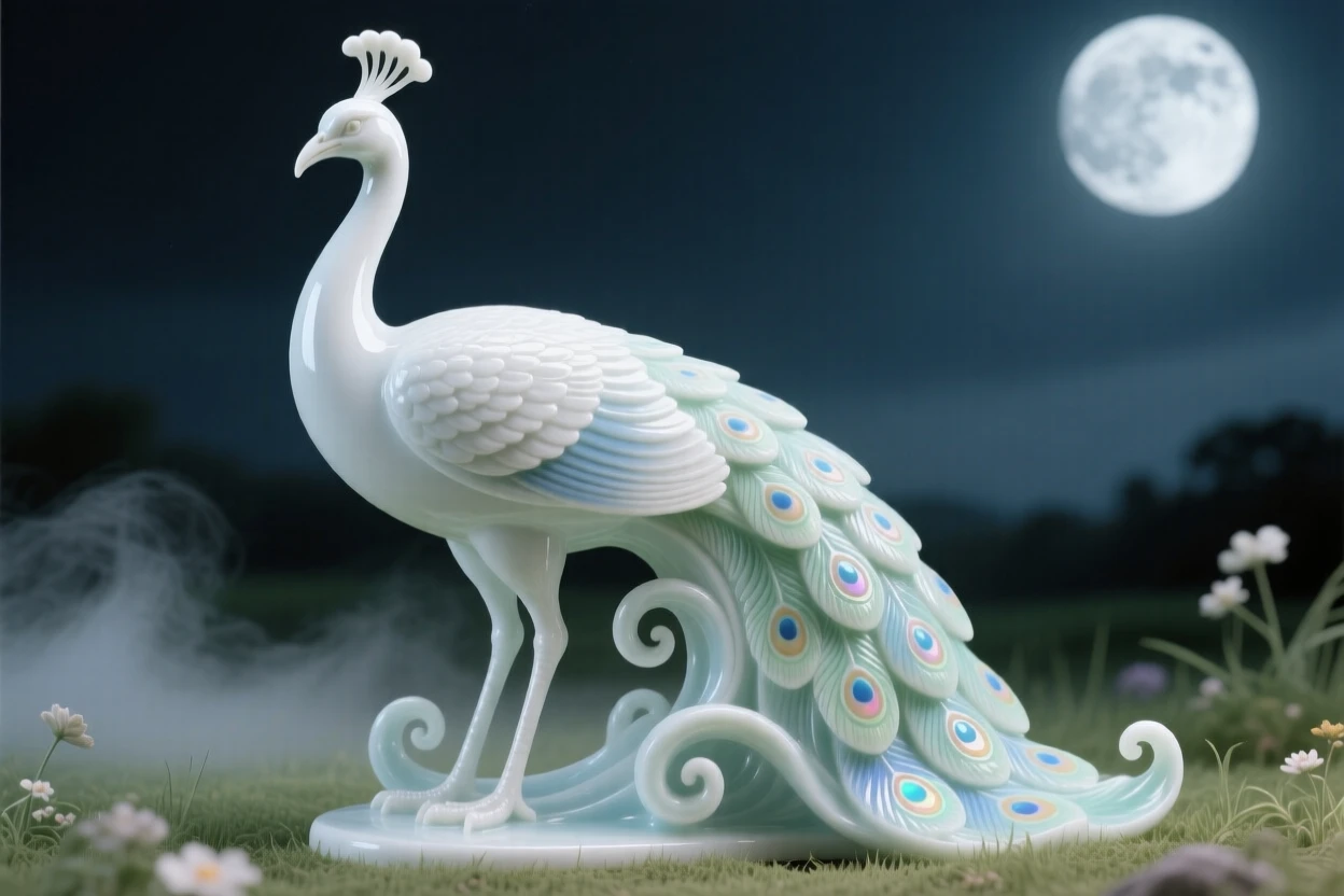 A noble peacock gazing calmly into the distance in a moonlit meadow, mist curling around its legs.