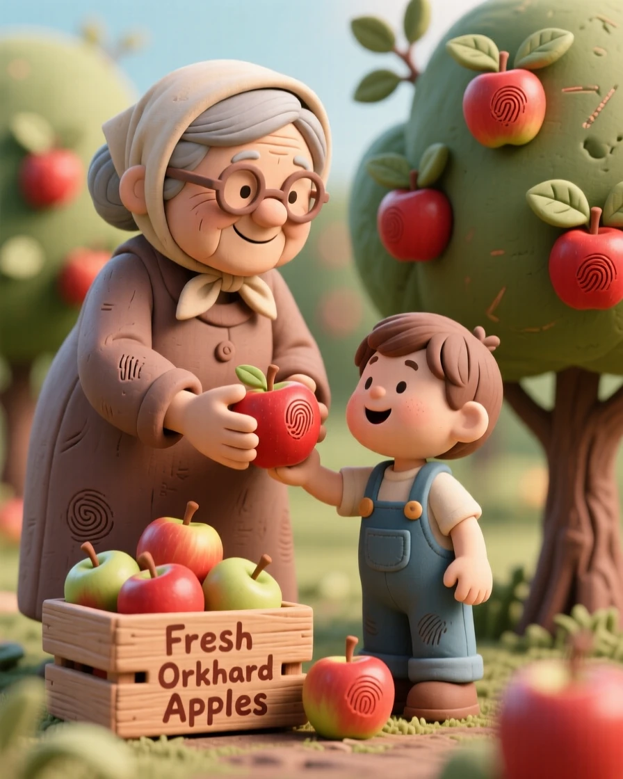 A grandmother and grandchild picking apples together in an orchard