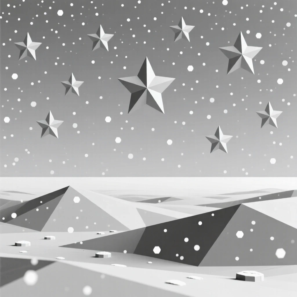 A star-filled sky over a silent desert, beneath a blanket of soft snowfall. the horizon line anchors a balanced composition. It evokes a feeling of pure tranquility.