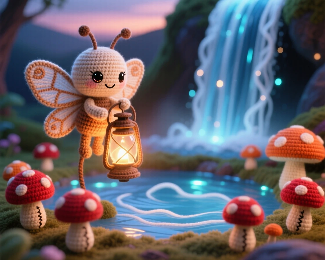 In a magical waterfall cascading into a glowing pool, a tiny moth fairy with soft patterned wings is captured resting on a glowing lantern at dusk, surrounded by a ring of softly glowing toadstools, filled with a sense of gentle magic and quiet wonder.