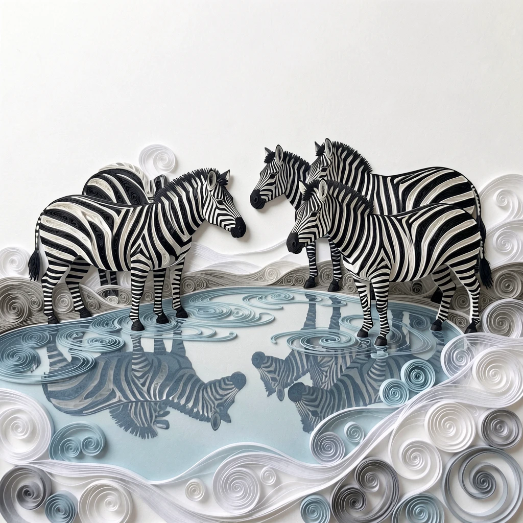a herd of zebras gathered at a watering hole, beside a still, glassy expanse of water, captured in a quiet, still, contemplative moment, with mist rolling low across the ground.