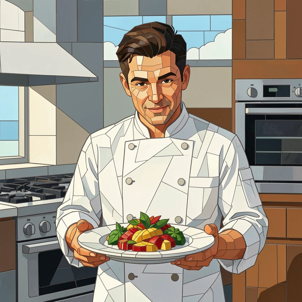 A warm, expressive portrait of a chef plating an elegant dish in a bustling professional kitchen, with soft natural lighting and rich emotional detail.