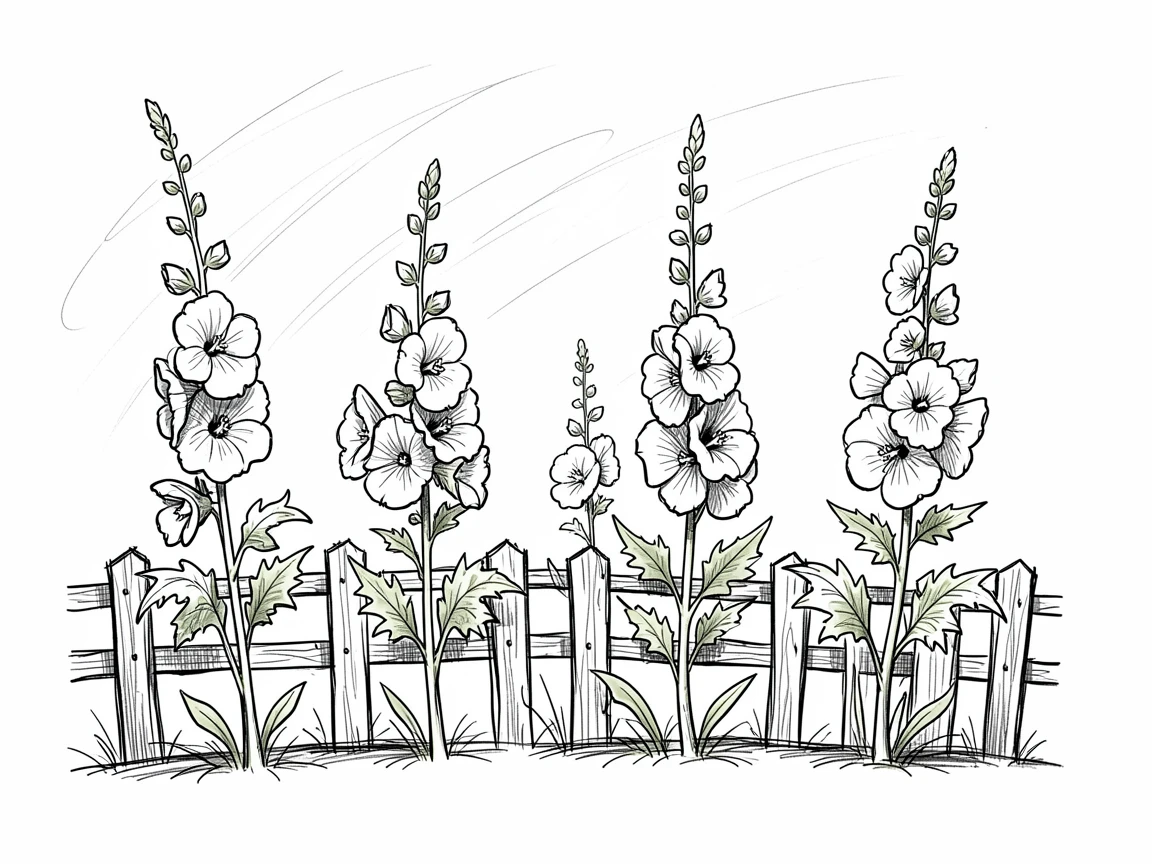 A row of tall hollyhocks by a fence under a clear morning sky.