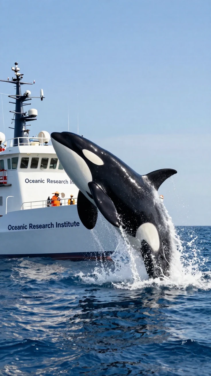 An orca breaching beside a research boat