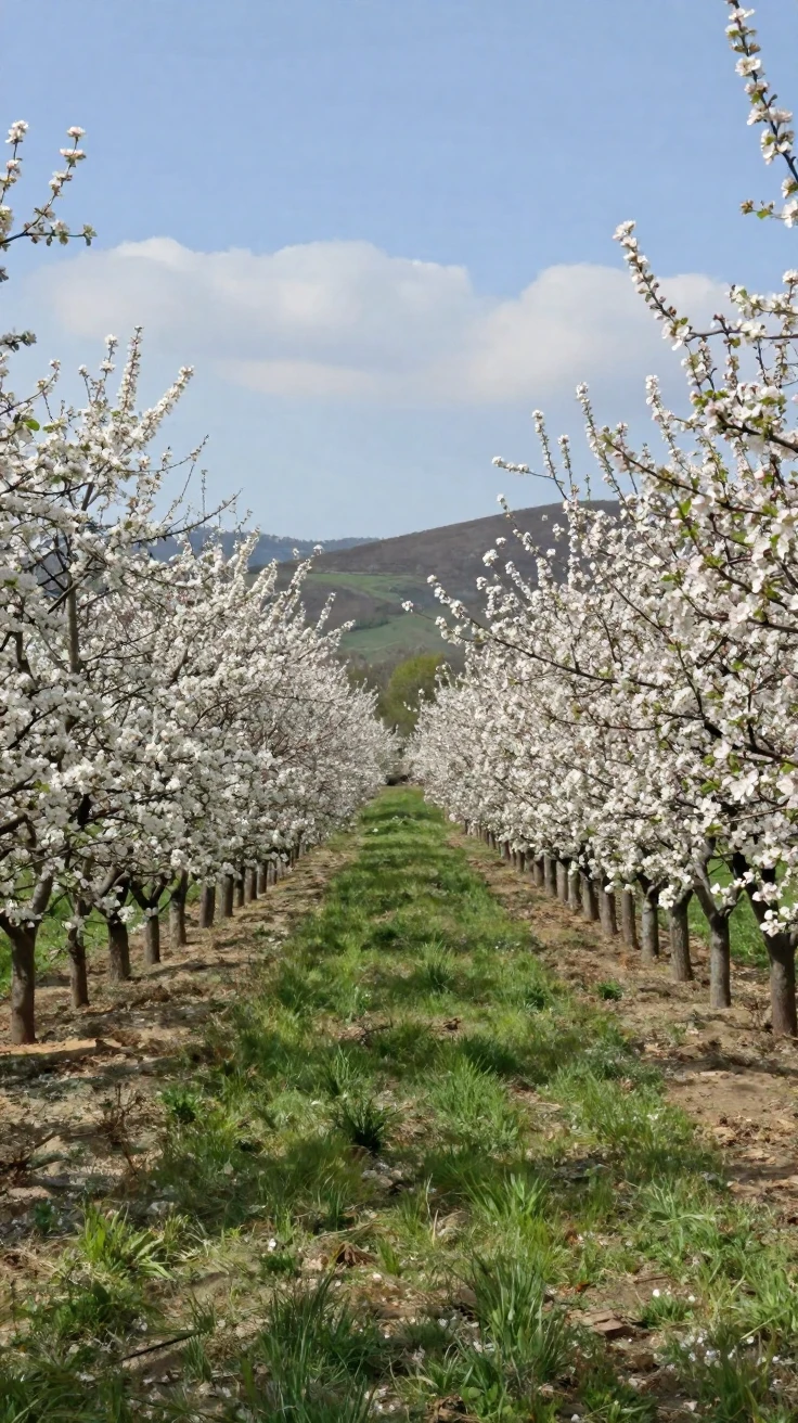 An orchard in full bloom stretches in neat rows beneath distant hills.