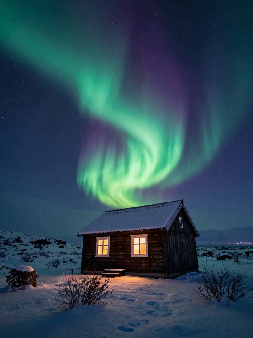 The Northern Lights dancing above a lone cabin in rural Iceland