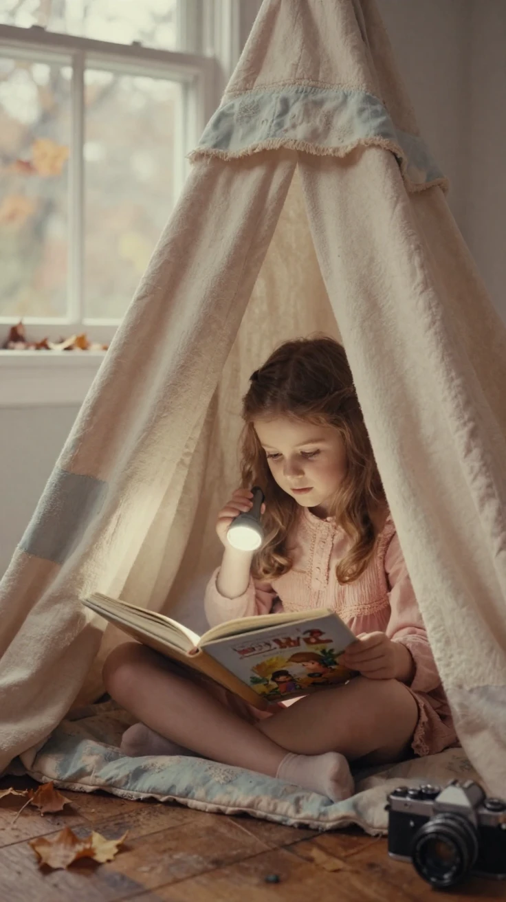 A girl reading a picture book beneath a blanket fort with a flashlight, in gentle diffused daylight, with a soft breeze stirring the air, in late autumn, in soft muted pastels, captured from a low angle looking up.