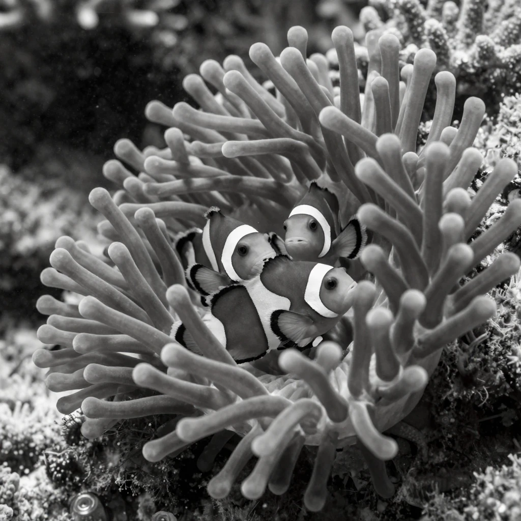 A clownfish family hides among an anemone's tentacles beside a vibrant coral reef.
