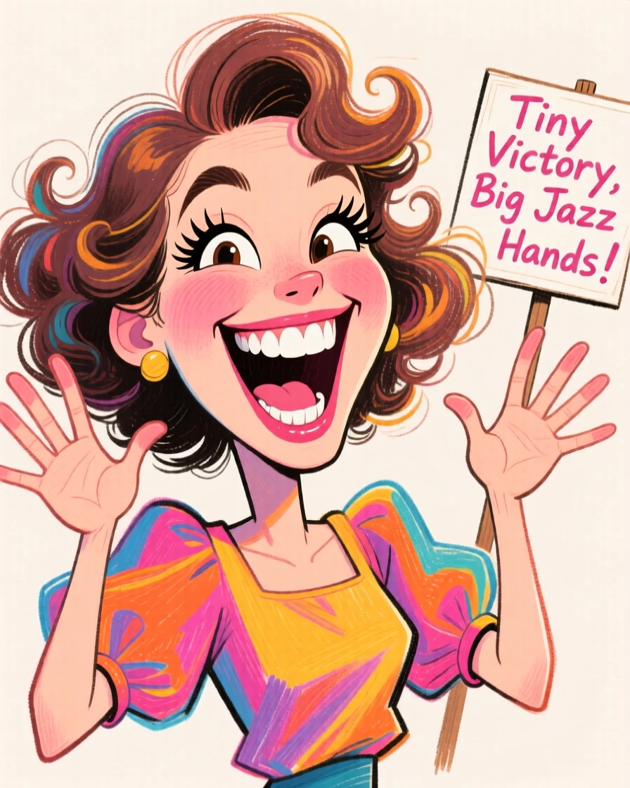 A woman doing jazz hands with an over-the-top grin after a small accomplishment.