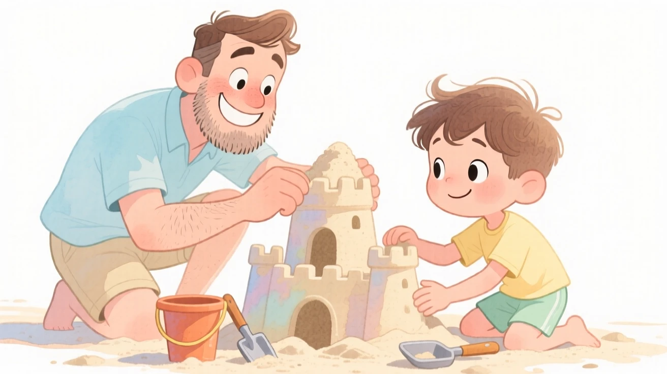 A father and son building a sandcastle at the beach