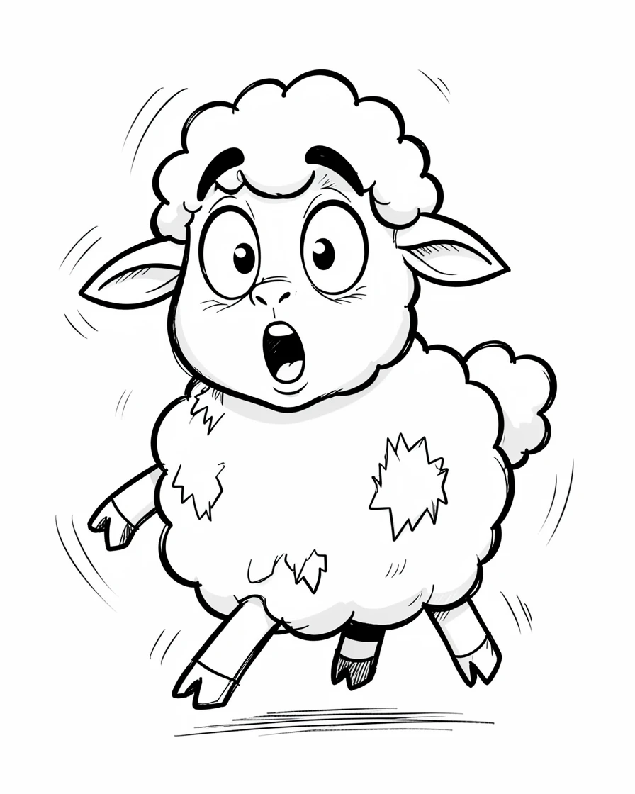 [Cute Animals & Pets] Adorable scene of a fluffy sheep freshly sheared looking surprised at its new look, bursting with charm and playful energy