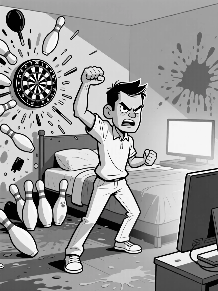 A darts player squinting one eye in fierce concentration, fist-pumping as the pins scatter behind, set in a bedroom lit only by screen glow. Paint splatters form an accidental abstract masterpiece. The moment captures determination with a comic twist.