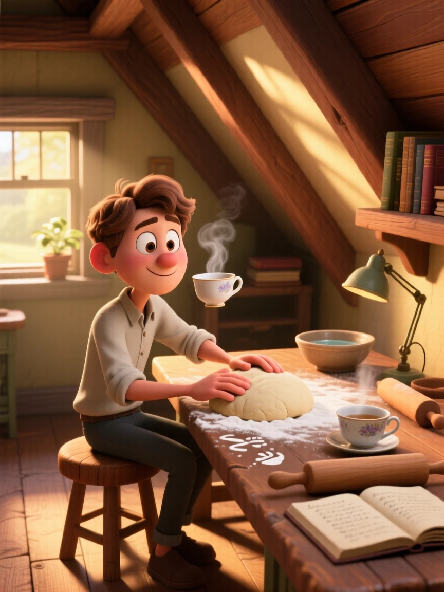 A writer sipping tea at a wooden desk sits in an attic room with slanted wooden beams, kneading dough on a floured counter. A gentle nostalgia and calm settle over the scene, with warm shadows dancing on the walls.
