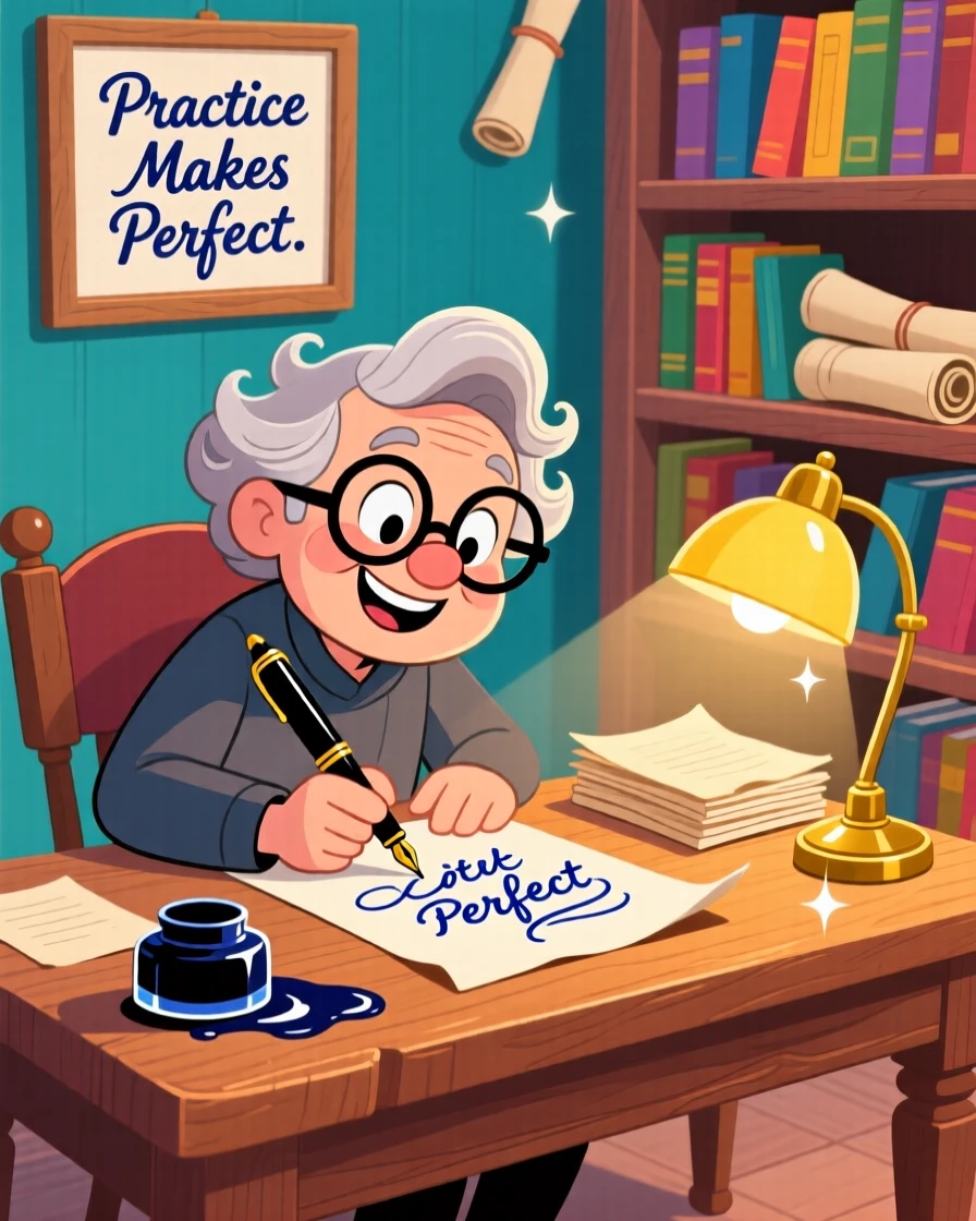 A calligrapher writing an elegant letter with a fountain pen.