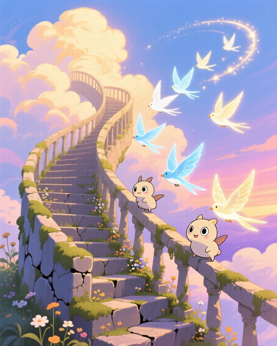 A staircase spiraling up into the clouds, where a flock of luminous birds trailing light behind them can be seen nearby, the atmosphere quietly enchanting.