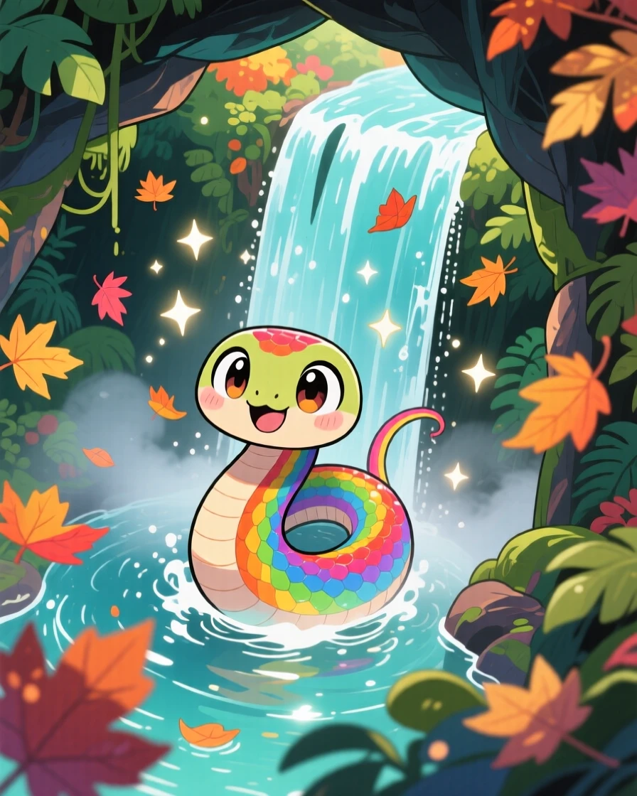 A tiny rainbow serpent curling around a waterfall's mist, framed as a high aerial view within a jungle waterfall grotto, with autumn leaves swirling around, glowing under sparkling starlight, evoking curious excitement.