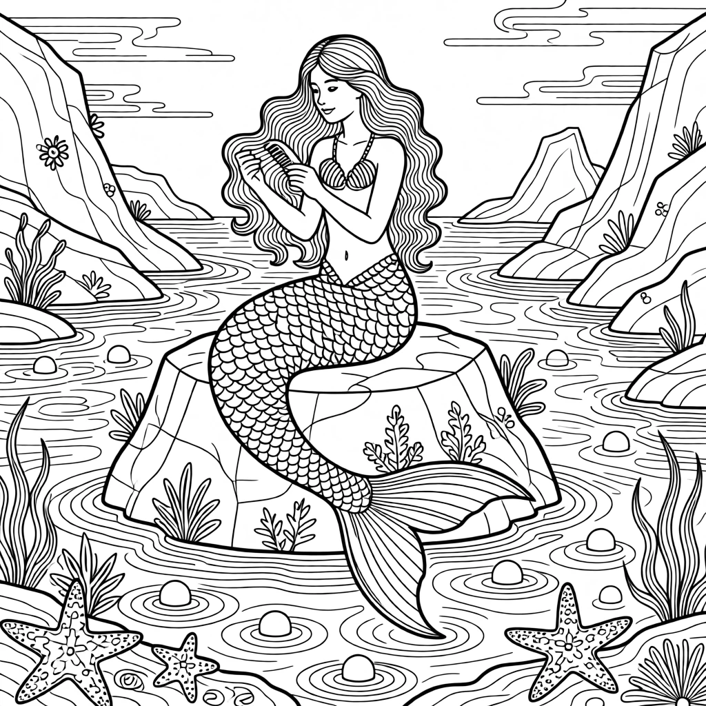 A mermaid combing her hair on a rock surrounded by pearl-strewn tide pools.