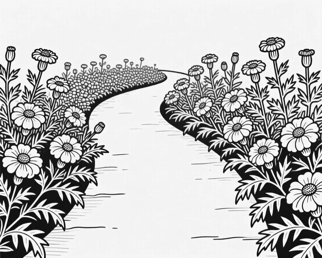 A bed of marigolds lining a garden pathway