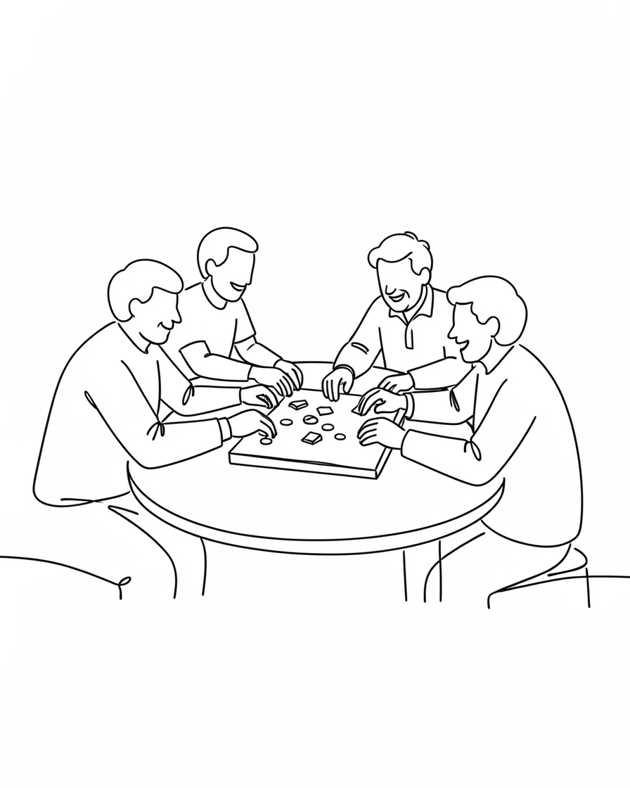 A group of old friends playing board games around a kitchen table