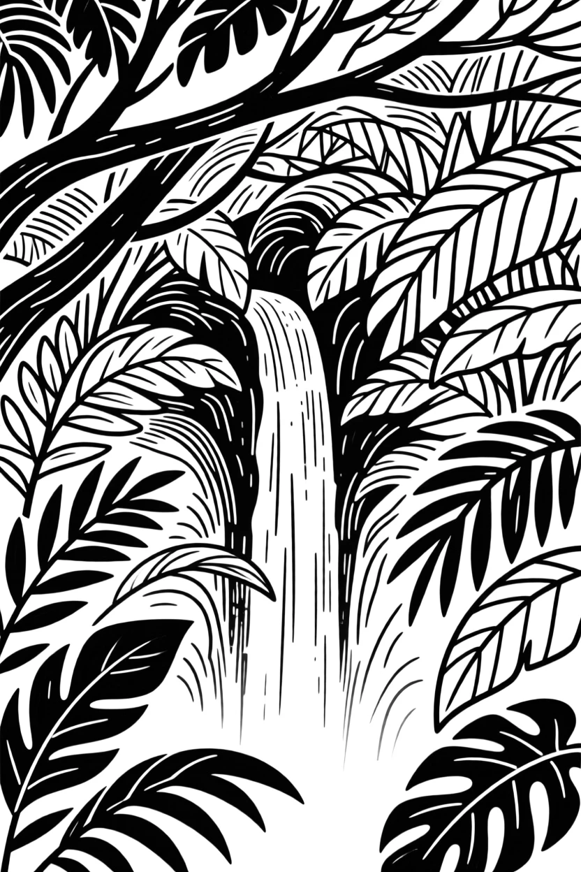 A dense jungle canopy with a hidden waterfall glimpsed through the leaves.
