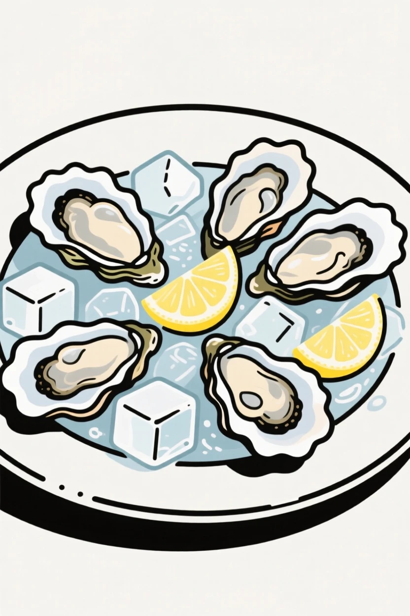 A plate of fresh oysters served on ice with lemon wedges.