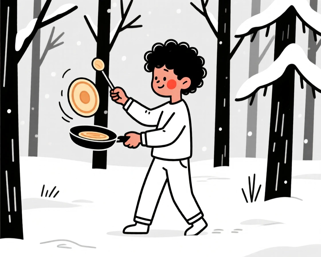 A teenager of Jamaican heritage flipping pancakes on a lazy morning, in a snow-covered pine forest.