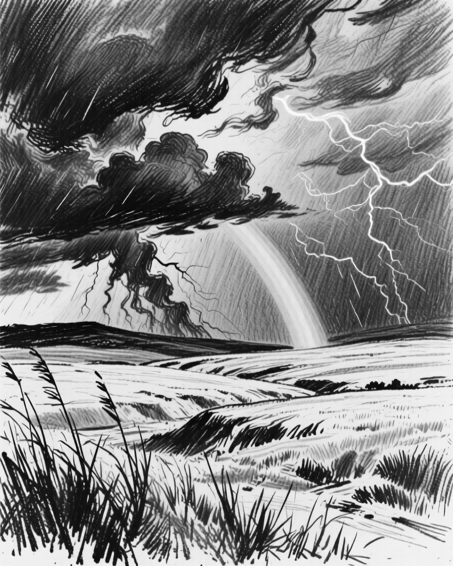 A dramatic thunderstorm rolling over open plains with a rainbow stretching across the valley.