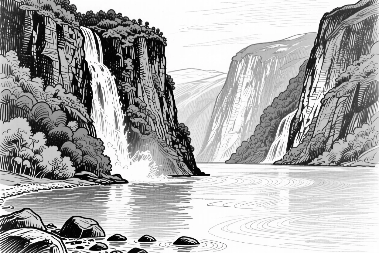 A quiet fjord surrounded by steep green cliffs and cascading waterfalls.