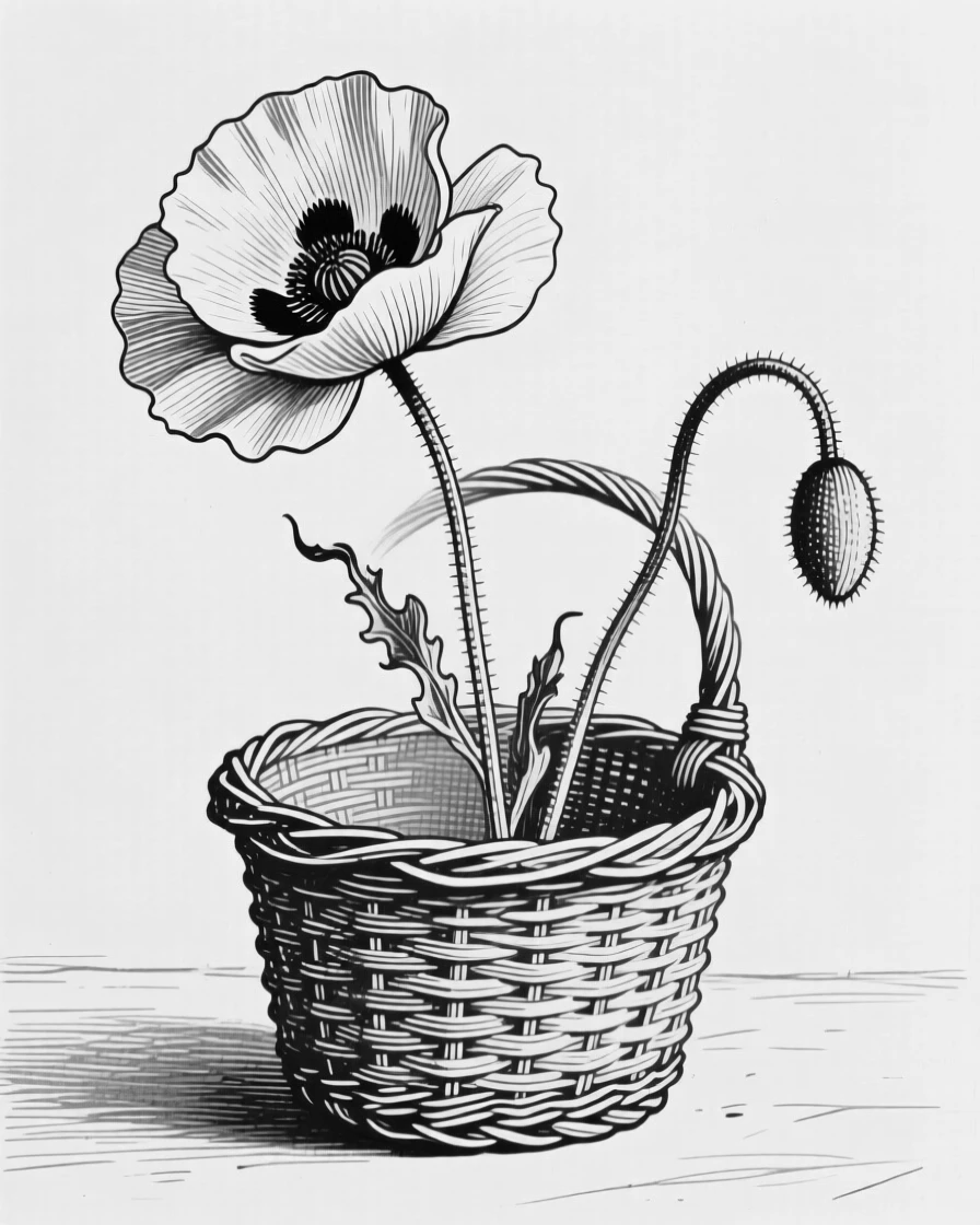 A poppy swaying in the breeze spilling out of a wicker basket, with stems bending gracefully under their own weight, composed in a peacefully simple still-life arrangement.