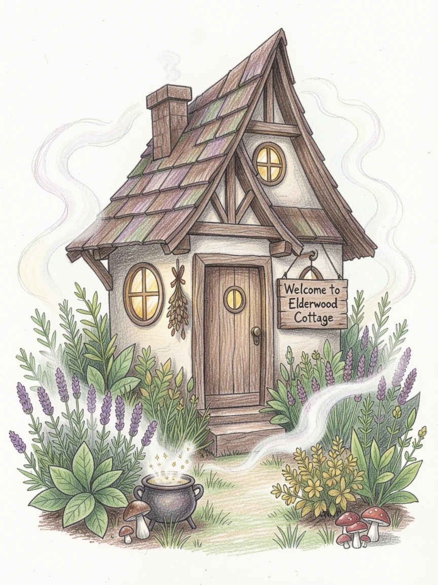 A witch's cozy cottage surrounded by herb gardens and swirling mist, with intricate, whimsical details throughout the scene, evoking childhood wonder and magical storytelling.