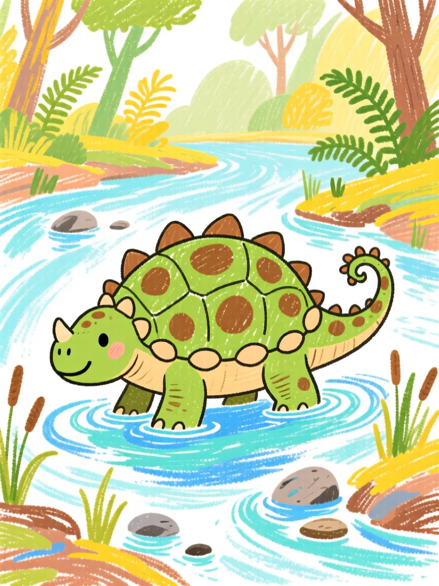 A curious Ankylosaurus wading through a shallow prehistoric river.