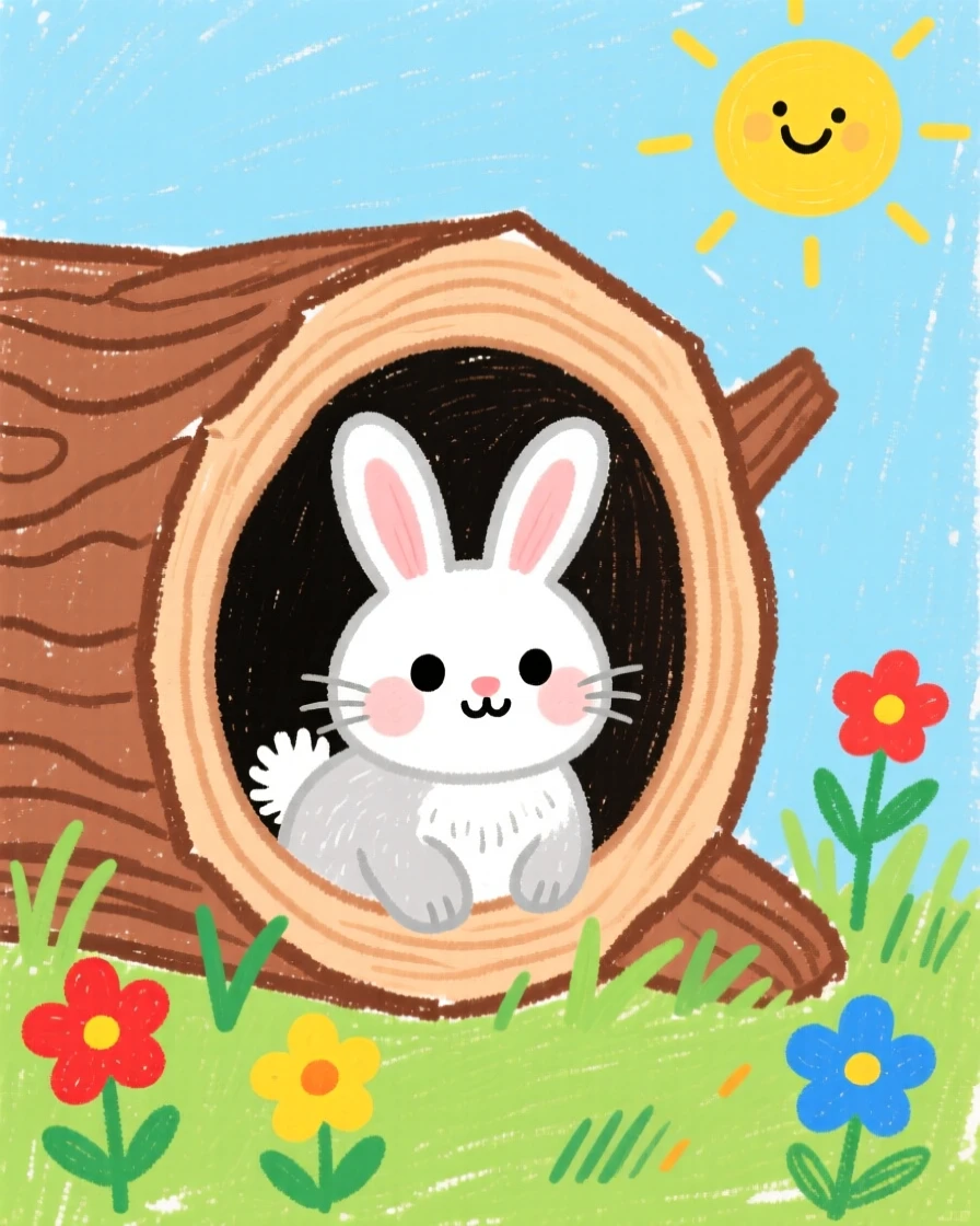 A soft baby bunny peeking out from a hollow log.
