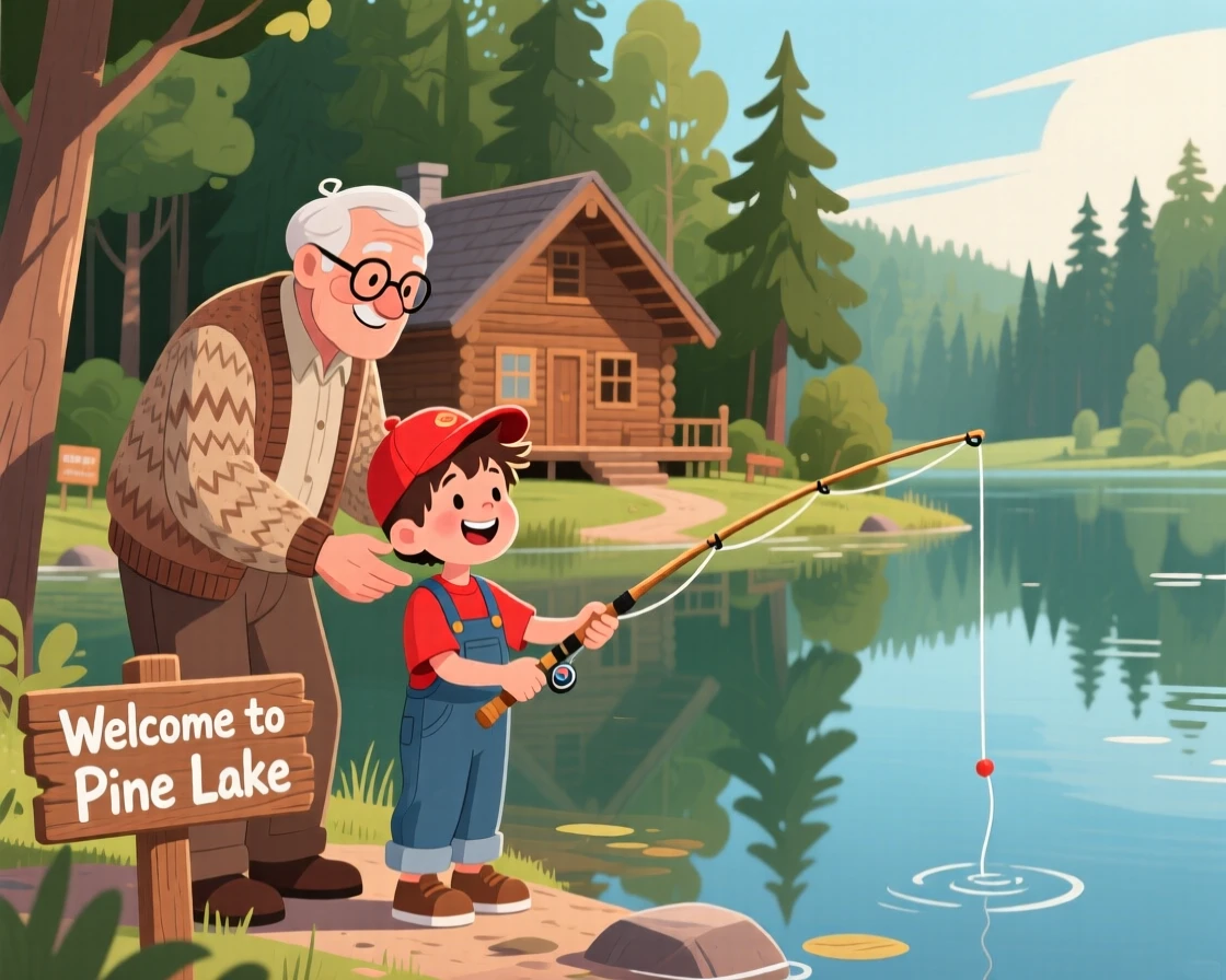 A grandfather teaching his grandson to fish by a quiet lake, in a rustic wooden cabin surrounded by forest, shown from a friendly eye-level perspective, with small joyful details like flying hair or bright laughter.