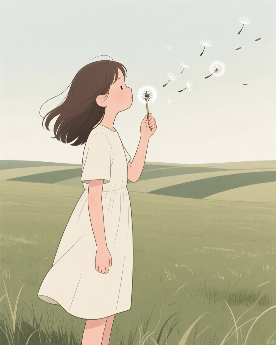 A young girl blowing dandelion seeds into the wind in an open field.