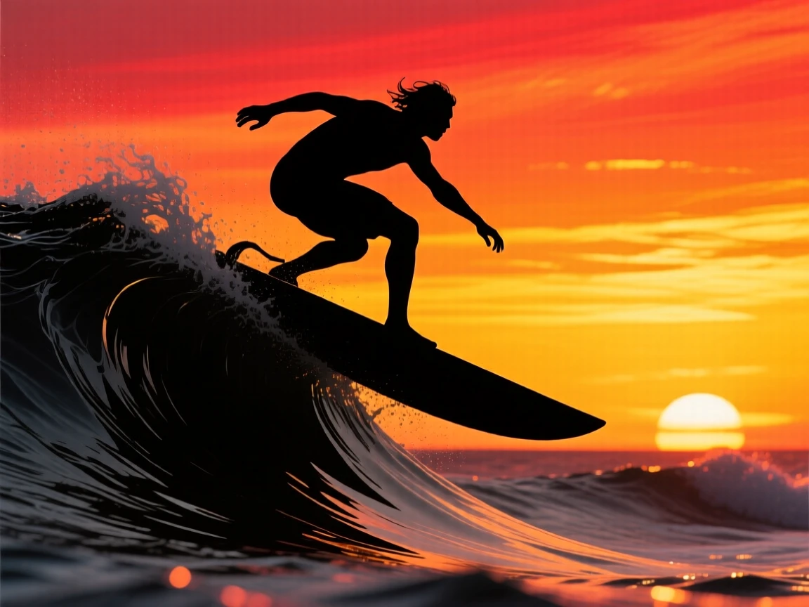 A surfer dropping into a large curling wave, board angled sharply.