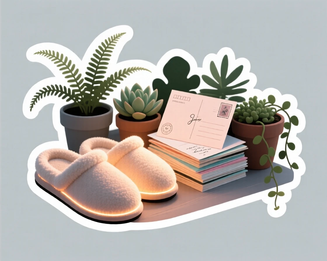 A gently glowing pair of cozy slippers, resting beside a stack of postcards, in a small apartment filled with plants.