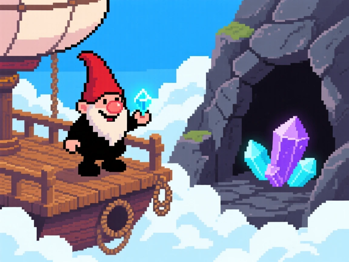 A mischievous gnome exploring a cave lit with glowing crystals, on the deck of an airship among the clouds.