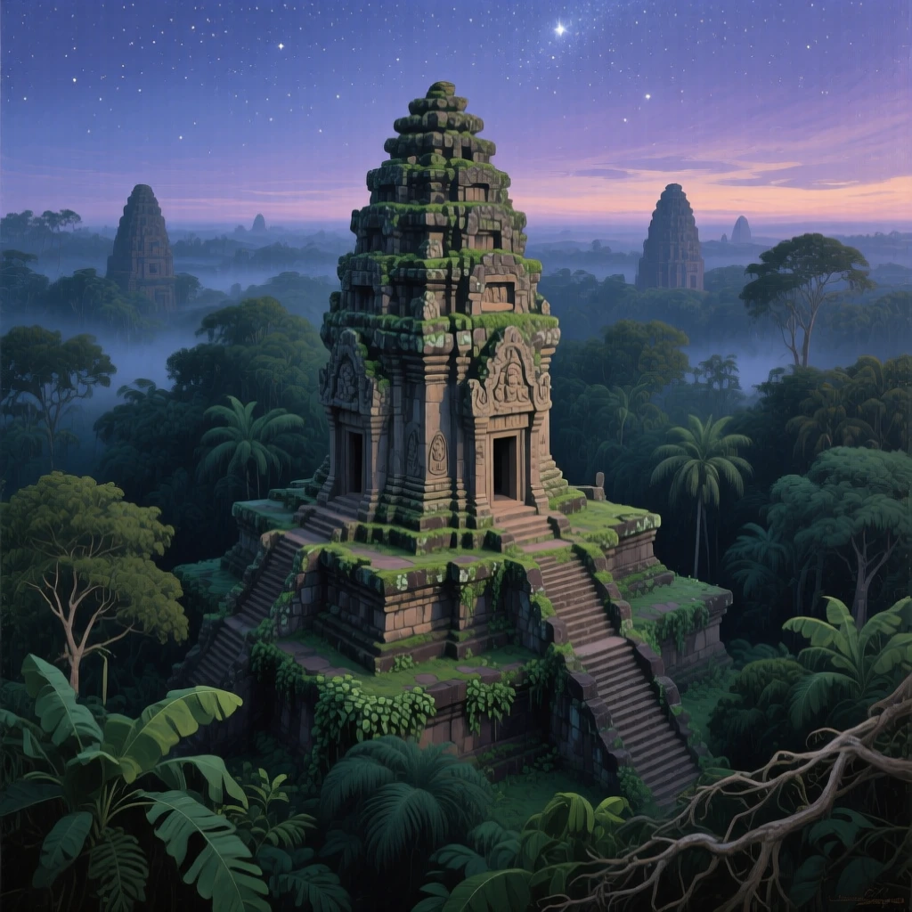 A sweeping aerial perspective of an ancient temple complex emerging from dense jungle foliage, under a canopy of stars, at twilight.