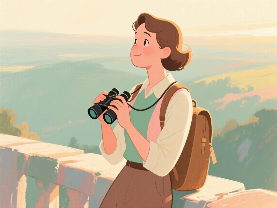 A traveler pausing at a scenic overlook with binoculars in hand