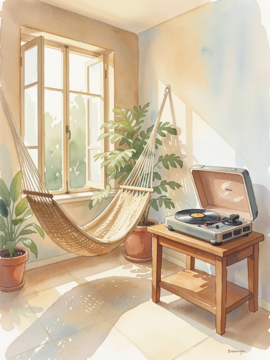 A sunroom with a hammock chair with a record player softly spinning.