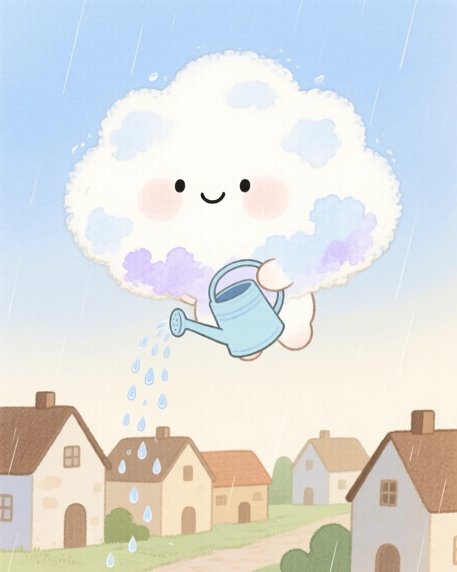 A round little cloud creature with a smiling face drifts above a village sprinkling gentle rain from a tiny watering can